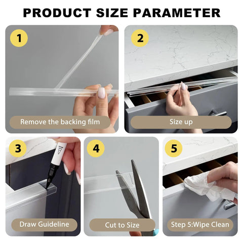 Step-by-step guide for Four Pack Sleek Cabinet Door Guards setup, showing peel and stick installation process.