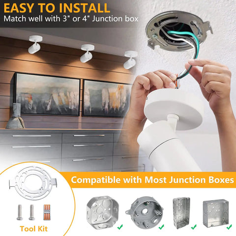 Hands installing Three Color Temperature Dimmable Ceiling Spotlight Kit With Adjustable Directional LED Lights next to junction box.