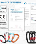 UIAA and CE certified documents for Heavy Duty Auto Locking Climbing Carabiners 25kN 5620 Lbs UIAA CE Certified, 2 pack blue and black displayed