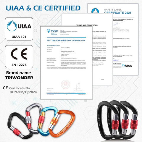 UIAA and CE certified documents for Heavy Duty Auto Locking Climbing Carabiners 25kN 5620 Lbs UIAA CE Certified, 2 pack blue and black displayed