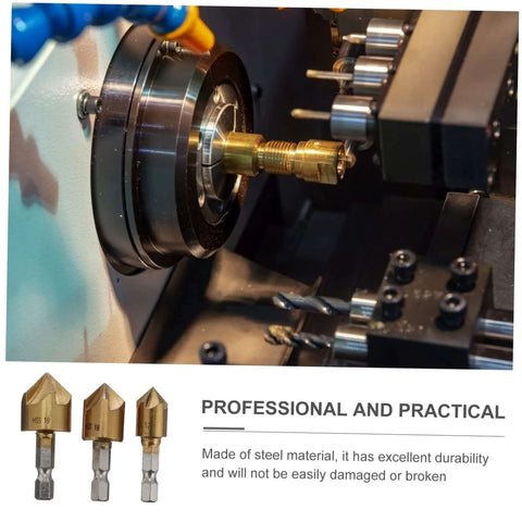 Flute steel chamfering cutter installed in milling machine spindle; visible metal chuck and tool holder.