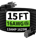 Indoor Outdoor Waterproof Extension Cord 15 Feet 16 Gauge SJTW 3 Prong Flexible Cold Weather Resistant Appliance Cable ETL Listed Tough As Nails For Outdoor Use coiled with visible label