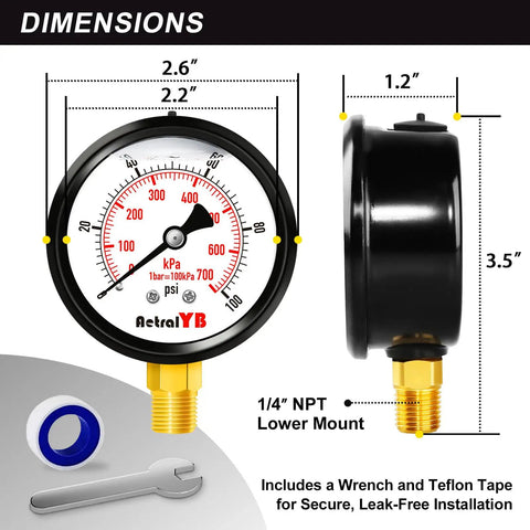 Stainless Steel Liquid Filled Pressure Gauge 0-100 PSI, 2.5 Inch Dial, with Wrench and Teflon Tape for Secure Installation