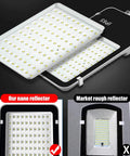 Solar Street Lights And Remote Control With Radar Motion Sensor Dusk To Dawn Security Flood Lamp showing LED design and reflector comparison.