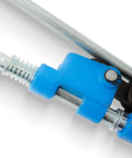 Close-up of Heavy Duty Center Punch Tool With Adapter for Quick Clamp Setup, showcasing blue finish and rugged steel construction.