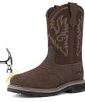 Steel Toe Western Work Boots For Men Waterproof Slip On Square Toe Safety Boots For Construction Welding Ranch And Farm Work Built For The Grind With Cushioned Insole And Stable Grip Dark Brown. Front view with decorative stitching.