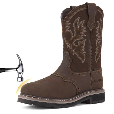 Steel Toe Western Work Boots For Men Waterproof Slip On Square Toe Safety Boots For Construction Welding Ranch And Farm Work Built For The Grind With Cushioned Insole And Stable Grip Dark Brown. Front view with decorative stitching.