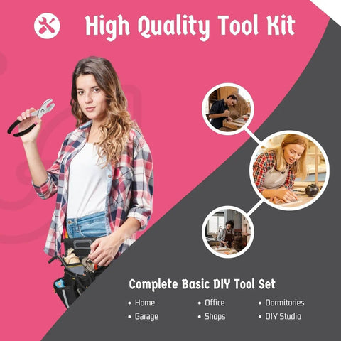 Woman holding tools from Compact 39 Piece Hand Tool Kit With Case For DIYers And Homeowners A Handy Starter Set For Home Repairs.