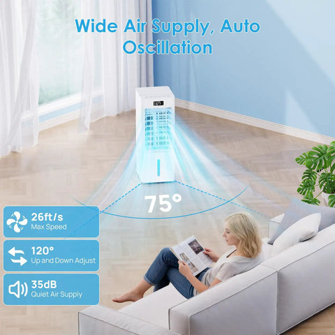 Windowless Portable Air Cooler With 6L Reservoir 3-In-1 Evaporative AC Humidifier And Fan shown in a living room