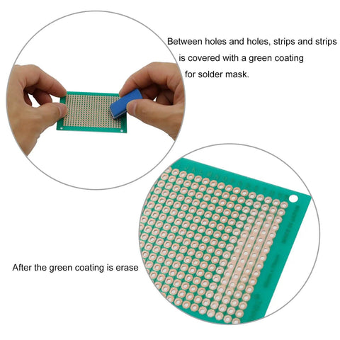 Hands holding Copper Stripboard Prototyping Board 50mm By 70mm Single Sided 368 Holes Universal Stripboard for DIY Electronics.