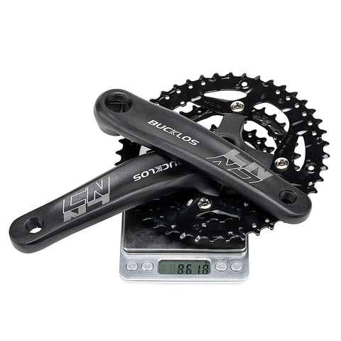 Beefy Square Taper Mountain Bike Crankset 170mm with chainrings, shown on scale, aluminum, hybrid MTB crank arm for Shimano SRAM FSA.