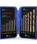 Fifteen Piece Cobalt Drill Bit Set With M35 HSS 135 Degree Split Point in blue indexed storage case, sizes 1/16 to 3/8 inch.