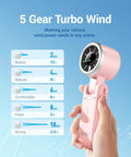Portable Handheld Turbo Fan With 5 Gear Wind, Battery Operated, Up To 12 Hours Run Time, pink fan showing speed settings