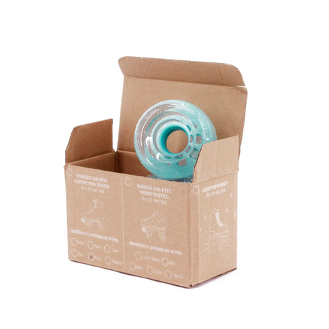 Outdoor Roller Skate Wheels 38mm By 62mm 80A Turquoise 4 Pack Durable Urethane in open box showing one wheel