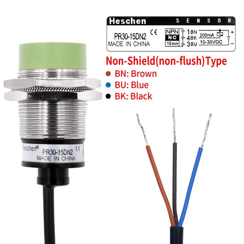 M30 Inductive Proximity Sensor Switch 15mm Sensing Distance, DC 12 To 24V, 3-Wire NPN Normally Closed, Cylindrical Detector PR30-15DN2, Non Shield Mount, CE Certified, Plug And Play Industrial Automation Sensor For Easy Setup. cylindrical metal sensor with three-wire lead