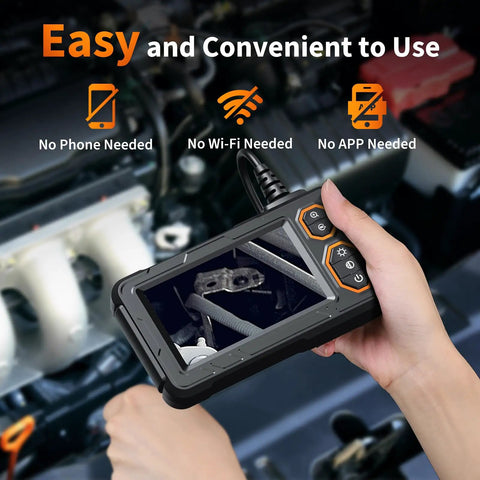 Hands holding 4.3-inch endoscope camera with 1080P HD display showing internal view, labeled 'Easy and Convenient to Use.'