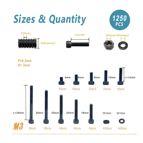 1250 Pcs M3 Screws Nuts And Washers Assortment Kit With Hex Socket Head Cap Bolts In M3 Size From 4mm To 35mm Length 12.9 Grade Alloy Steel Anti Rust Black Zinc Plated Free Allen Wrench Included Your Go To DIY Fastener Kit For Projects displayed with sizes and quantities