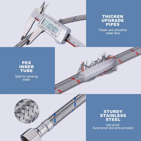Straight Up Heavy Duty Faucet Supply Lines 3/8 Inch To 3/8 Inch Female Compression Thread with PEX inner tube and stainless steel.