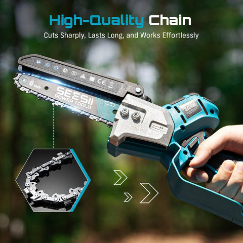 Mini Chainsaw And Electric Pruning Shears Combo For Yard Work, 6-Inch Cordless Power Saw close-up with high-quality chain
