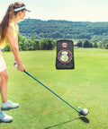 Woman practicing golf with Heavy Duty Golf Chipping Net Folding Practice Simulator For Backyard Training And Home Office Use in field