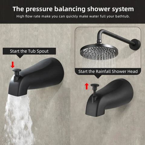 Image showing Black Shower Faucet Set With Tub Spout No Fuss Dual Function Trim Kit 8 Inch Rain Shower Head Wall Mounted Rainfall System.