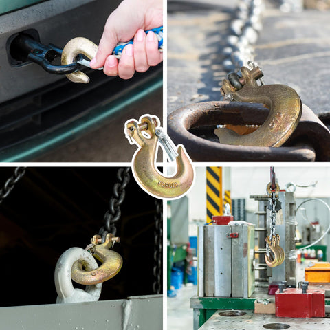 Three Eighths Inch Clevis Slip Hook With Safety Latch Grade 70 Tow Hook for Winches and Trailers in various use scenarios