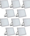 Beefy 300W LED Flood Lights 10 Pack Daylight White IP65 weatherproof fixtures arranged in a grid for outdoor use.