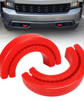 Front Tow Hook Covers For Silverado 1500 And GMC Sierra 1500 Red Silicone Hitch Covers 2 Pack shown beside truck