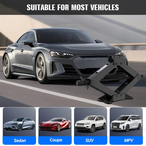 Heavy Duty Three Ton Scissor Car Jack 6614 Pound Capacity Rock Solid Alloy Steel Design for emergency tire swaps under sedan.