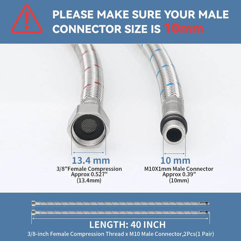 40 Inch Braided Stainless Steel Faucet Supply Hoses Dual Pack With 3 By 8 Inch Female Compression To M10 Male Connectors Easy Install Hot And Cold Water Lines For Kitchen And Bathroom Faucets with connector dimensions