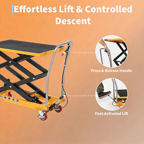 Heavy Duty Hydraulic Lift Table Cart With No Sweat Foot Pedal Operation And Hardcore Three Hundred Thirty Pound Capacity For Tough Shop And Moving Project Hauls, showcasing easy press handle and foot-activated lift.
