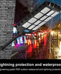 Ultra Bright Solar Street Light Outdoor Waterproof 80000LM mounted on a brick wall in a rainy street scene