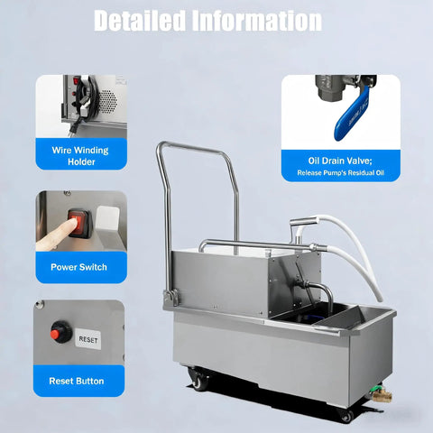 Straight Heavy Duty Commercial Mobile Fryer Filter Machine With 14 Gallon Tank And Smooth 550 Watt Pump displayed with details.