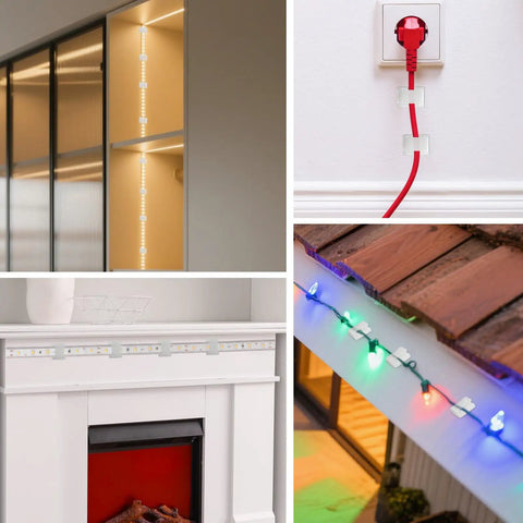 Self Adhesive LED Strip Mounting Clips Pack Of 100 For 8mm 10mm And 12mm Light Strips Easy Install Brackets displayed in various uses