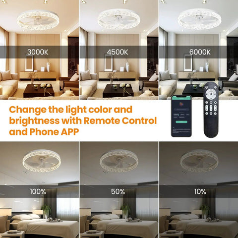 Dope 20 Inch Remote Flush Mount Bladeless Ceiling Fan With Dimmable Lights For Living Room, Reversible Motor, White Finish, Energy Efficient Cooling And Quiet Operation in various light settings