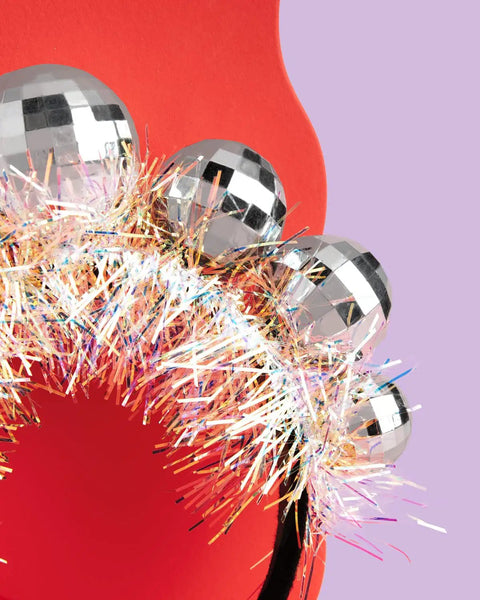 Disco Ball Headband For Parties And NYE Fits Adult And Kid Shiny Foil Crown with five disco balls, colorful tinsel detail