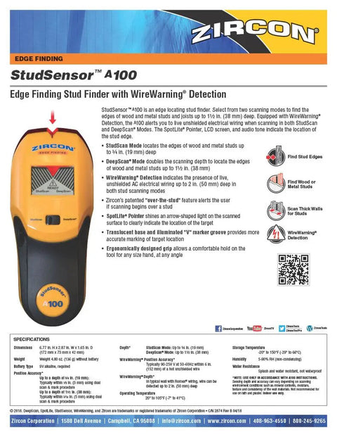 Smart Stud Finder And Wall Scanner With Edge Locating Tech And WireWarning AC Detection For Home And Pro DIY Use, product flyer displaying a yellow device