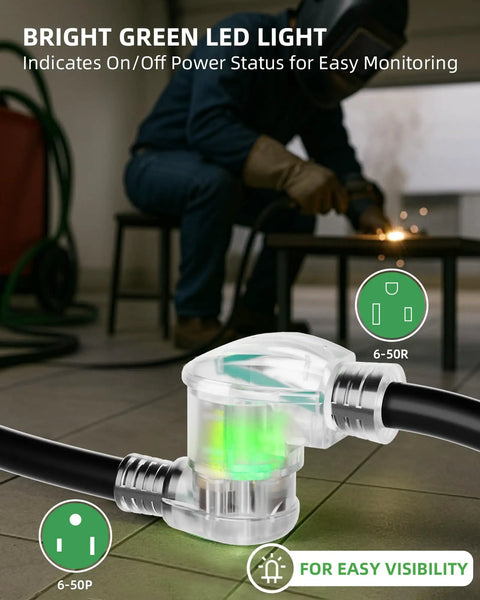25 Feet 250V Welder Extension Cord With LED Indicator, Heavy Duty 10 AWG SJTW Outdoor Welding Cable, NEMA 6-50P To 6-50R, 30 Amp 3 Prong Power Extension for Welding Rigs, Black, green LED plug detail