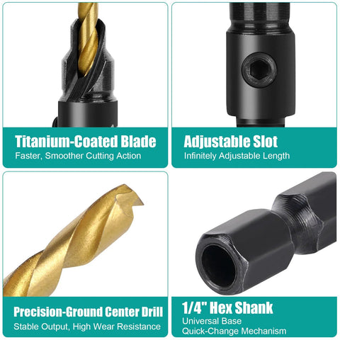 OAOJUBR 5-piece wood countersink drill bit set with titanium-coated blades, adjustable depth stop, 1/4 in hex shank