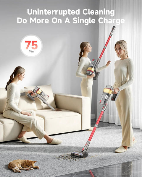 AIPOWAY 650W cordless vacuum cleaner, front view, red wand, transparent dustbin, HEPA filtration
