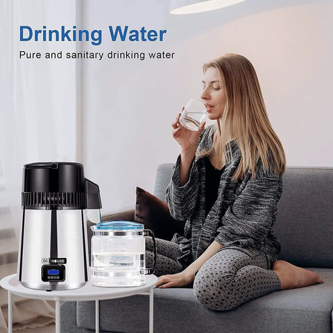 Woman using 1 Gallon Water Distiller Timeable With 304 Stainless Steel Filter And CNC Timing LCD Display For Home Countertop 110V.