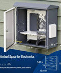 Rock Solid Heavy Duty Outdoor Electrical Box With Built In Thermostat And Cooling Fan, open view showing internal setup and dimensions.