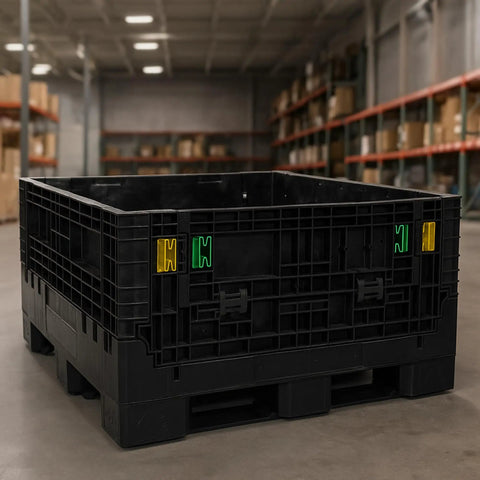 Kickass Workhorse Industrial Grade Collapsible Bulk Box With 1700 Pound Capacity And Four Way Forklift Access For Warehouse Material Handling And Retail Storage Made In Usa in black, stored indoors.