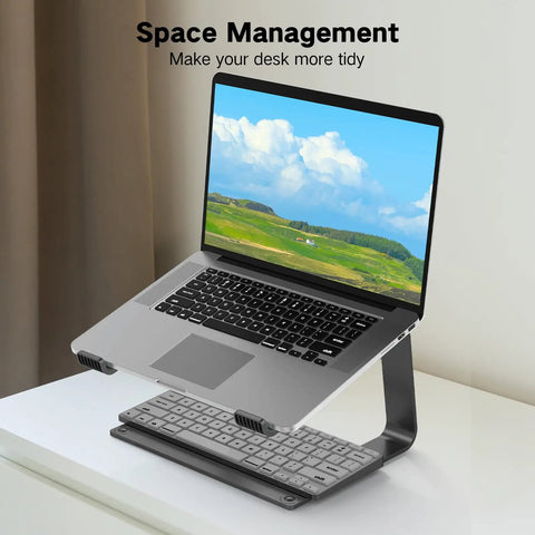 Aluminum Laptop Stand For Desk With Ventilated Cooling, Ergonomic 5.98 Inch Riser Elevates Your Screen, laptop in use