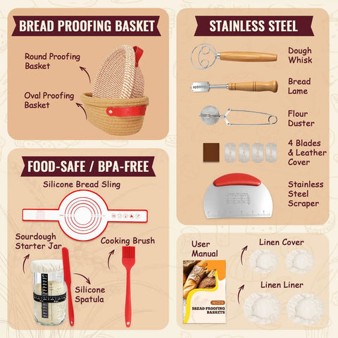 Infographic showing Complete Sourdough Starter Kit With Round 9 Inch Proofing Basket Oval 10 Inch Proofing Baskets 32 Ounce Starter Jar.