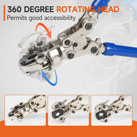 iCrimp copper pipe pressing tool kit with cutter and deburring tool by IWISS; chrome-plated jaws, blue handle.