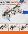 Copper Tube Fittings Crimping Tool With One Half, Three Quarters And One Inch Jaws, showing 360 Degree Rotating Head details.