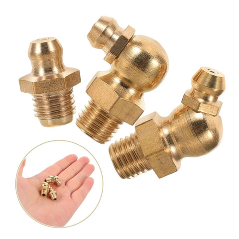 Close-up of Nine Piece Copper Grease Nipple Kit For Vehicles With Durable Copper Fittings, showing three fittings in focus.