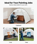 Image showing portable paint booth tent with built-in floor and mesh screen, used for spraying cupboard, chair, and table.