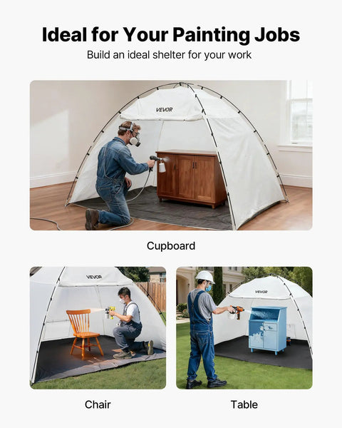 Image showing portable paint booth tent with built-in floor and mesh screen, used for spraying cupboard, chair, and table.